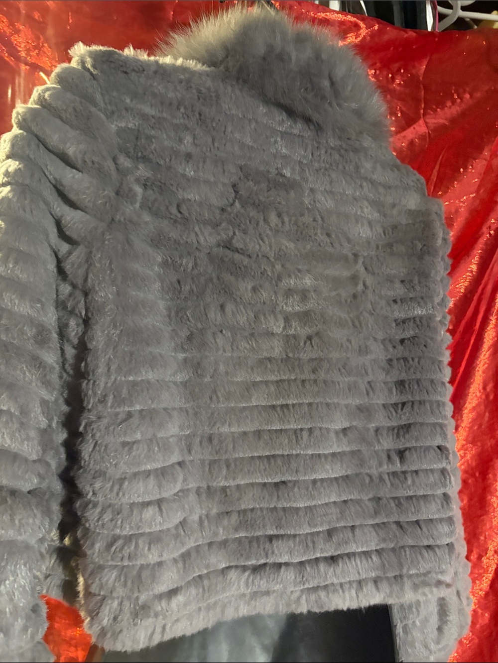 Women's Grey Rabbit Fur Ribbed Cropped Jacket - Picture 2 of 4